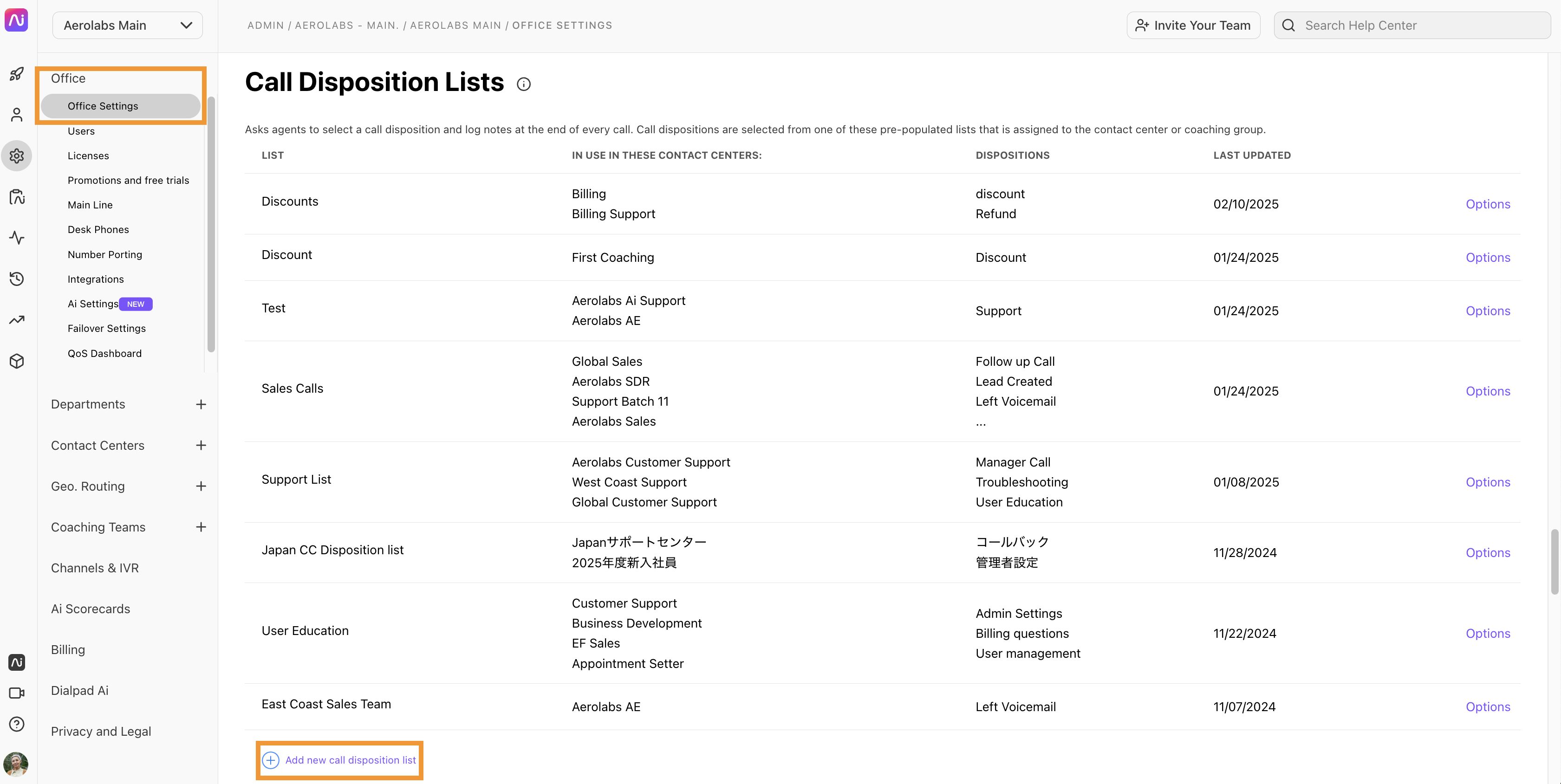 Office settings page displaying call disposition lists and options for agents.